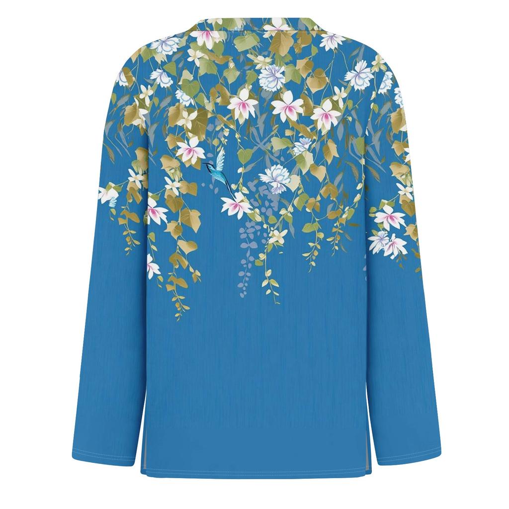 Dames casual T-shirt met split aan de zoom, ronde hals, lange mouwen en losse print.