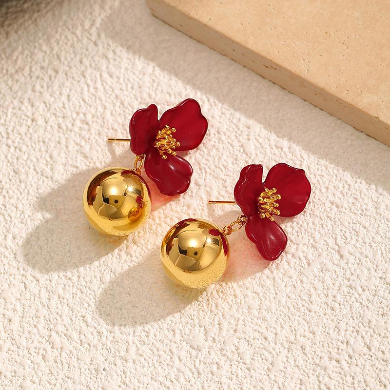 Simple Stainless Steel Flower Shape Drop Earrings 18K Gold Plated Spherical Dangle Earrings