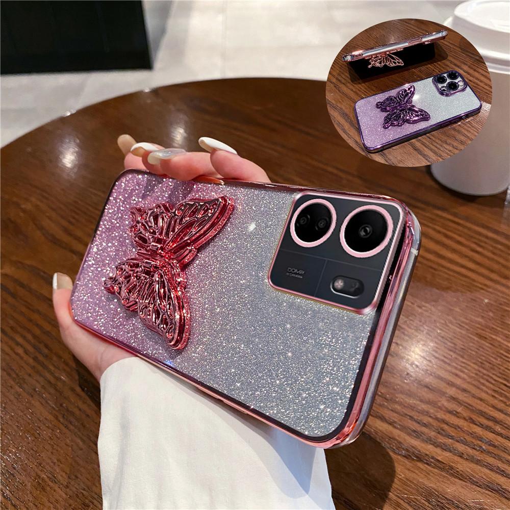 Butterfly Stand Phone Case For Xiaomi Redmi 13C 12 12C A3 A1 Plus Silicone Gradient Glitter Plating Cover Redmi 10 10A 10C 9A 9C