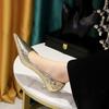 -Wind banquet women's shoes mid-heel shallow mouth metal pointed tip sparkling sequined cloth snake pattern single shoes women's shoes