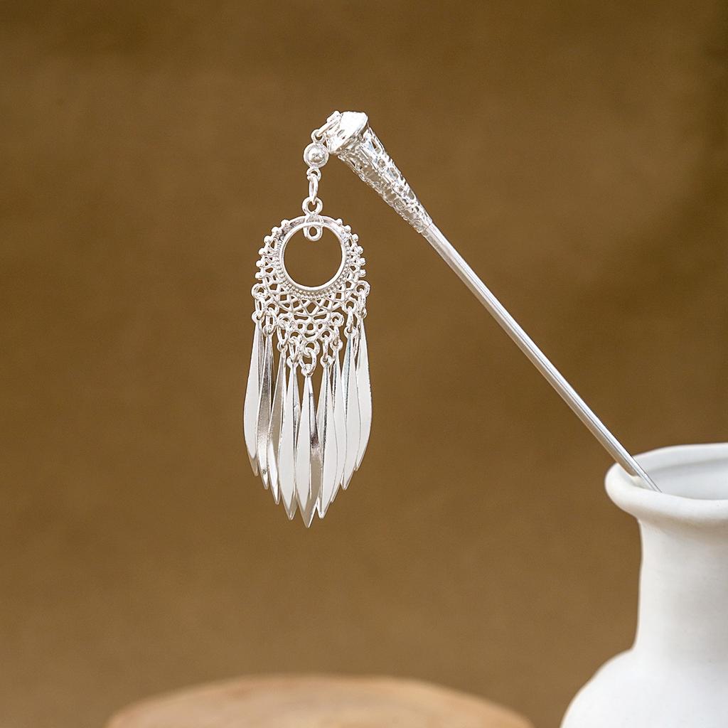 Hairpin Hollow Feather Fringed Hairpin, Ethnic Feng Shui Drop-Shaped Oil Dripping Hairpin Hanfu Disc Hair Accessories