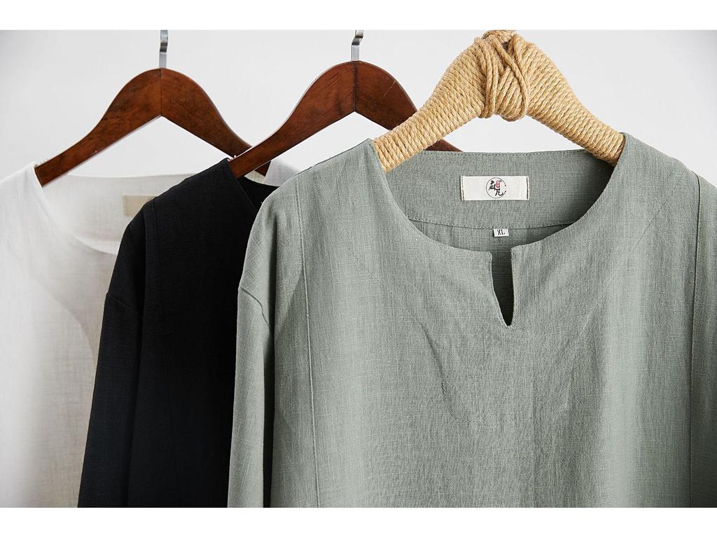 Herren Morgenmantel lang: 25% Hanf, 25% Leinen, Ramie V-Ausschnitt, Einfarbig Schlitz Zen Tee-Kleidung