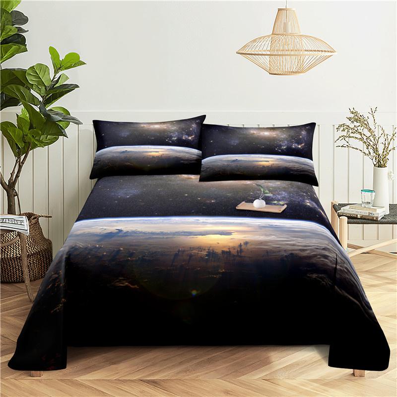 Cosmic Planets Bed Sheet Set Soft Polyester Bed Flat Sheet With Pillowcase Romantic Universe Galaxy Print Bed Sheet Home Textile