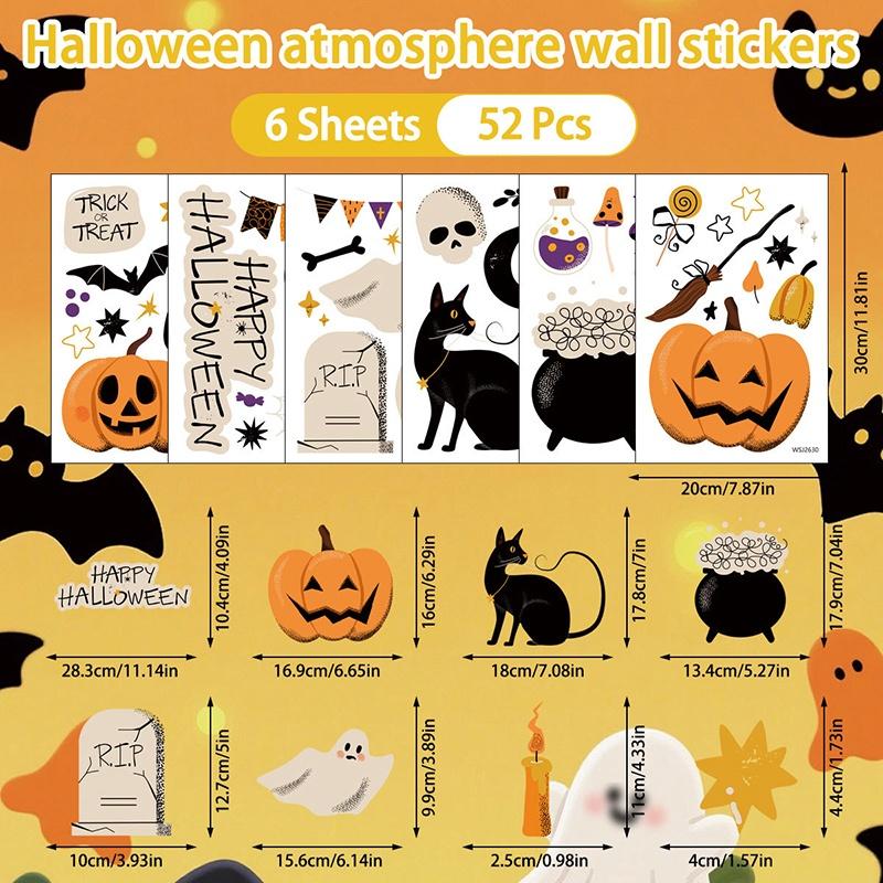 6/8/9 Sheets Halloween Window Clings Cute Ghost Pumpkin Bat Removable Self Adhesive For Home Party Glass Decor