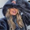 Womens Gradient Black White Dip-Dye Hooded Faux Fur Jacket Winter Warm Cozy Outerwear