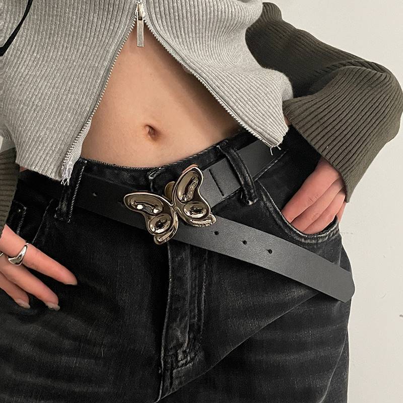 

Womens Unique Black Belt With Butterfly Design And Silver Accents For Trendy Looks