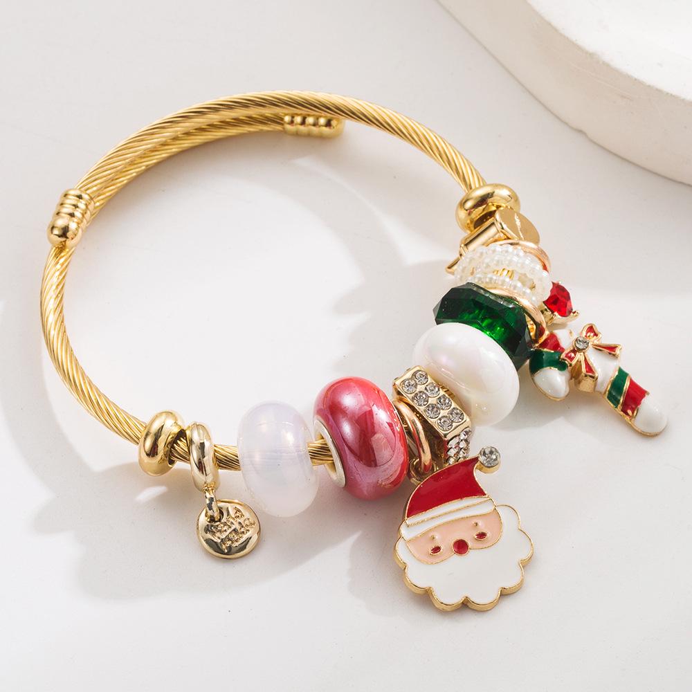 New Christmas Elements Holiday Bangle: Stainless Steel Bracelet with Santa Claus, Christmas Tree, Candy Cane, and Boots Accessories