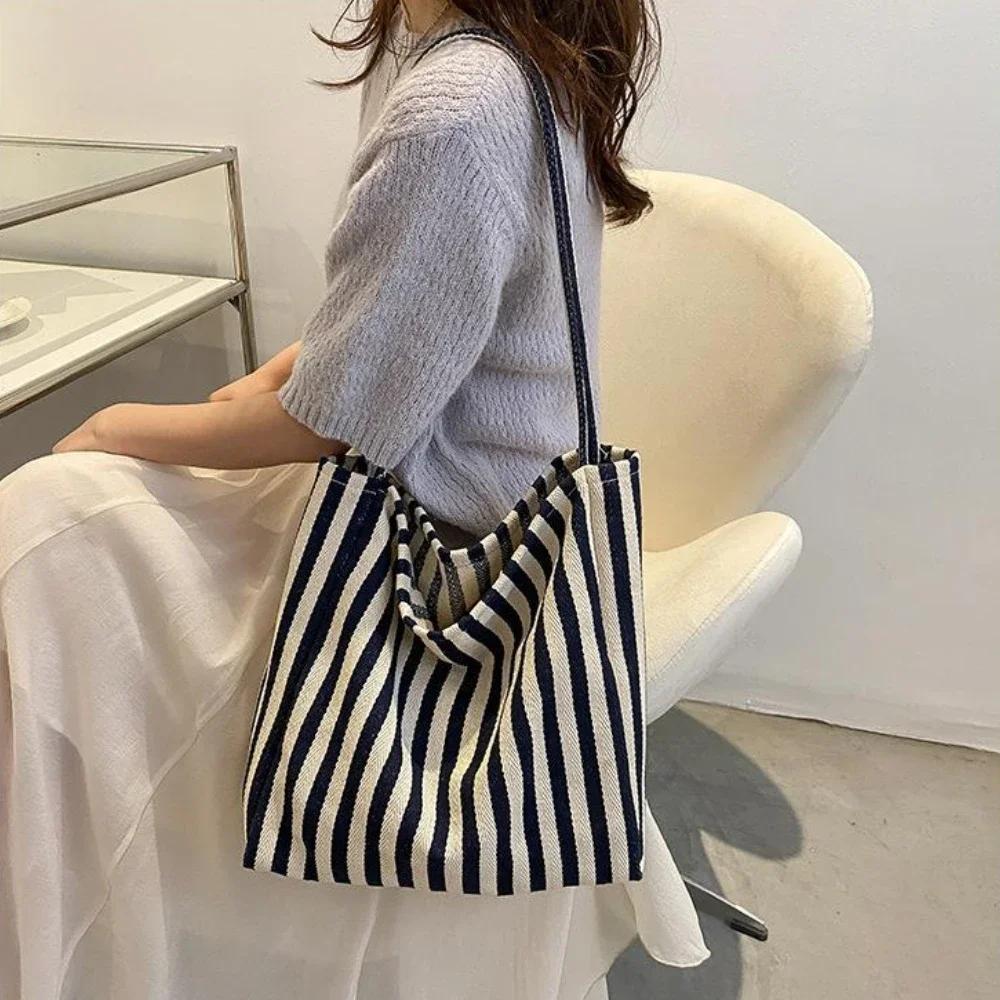 Female Casual Multifunctional Travel Top-handle Handbag Large Capacity Canvas Women Shopper Tote Simple Striped Shoulder Bag2025