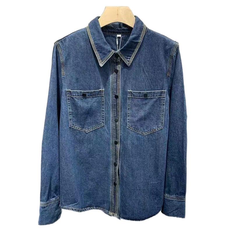 Korean Hong Kong Style Women's Drapey Denim Shirt - Long Sleeve Retro Outerwear, 2024 Spring Trendy Arrival