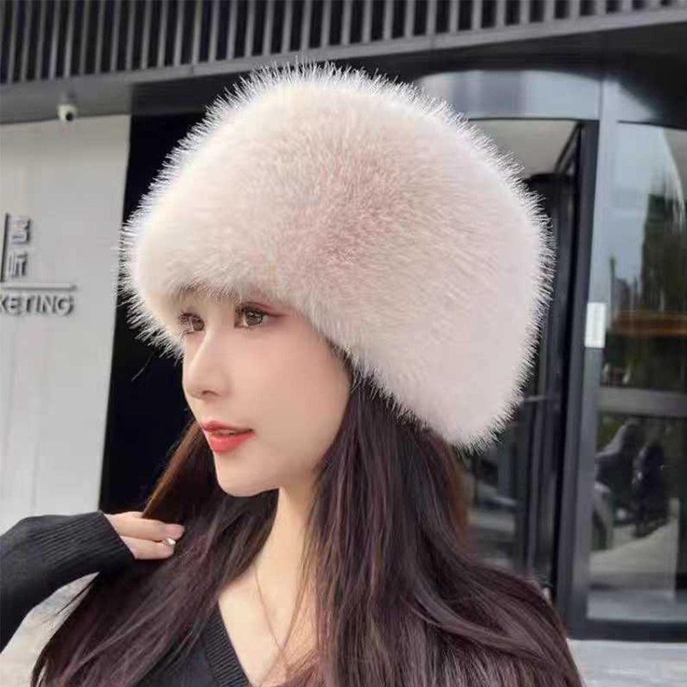Round Top Fox Fur Hat Smooth Plush Warm Bucket Hat Flat Top Faux Fur Hat  Winter Season