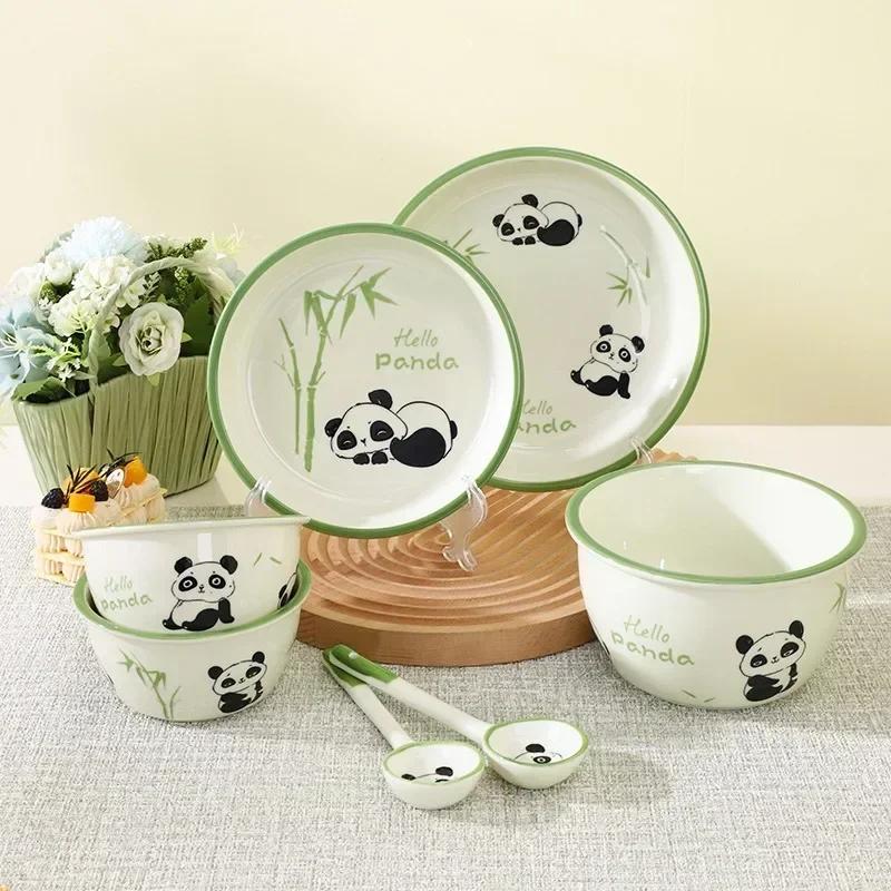 Ceramic Tableware Combination Set Lovely Cartoon Panda Children Plate Bowl Spoon Porcelain Restaurant Noodle Bowl Steak Plate