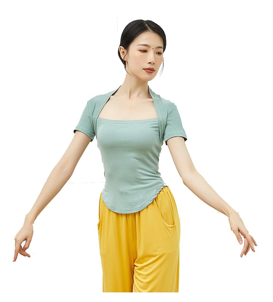 Yuoku Ballet Short Square Solid Practice Jazz Elegant Dance Costume B01 Green Women's T-Shirt, Sleeves, 3/4 Sleeves, Neck, Color, Wear, Dance, Yoga,