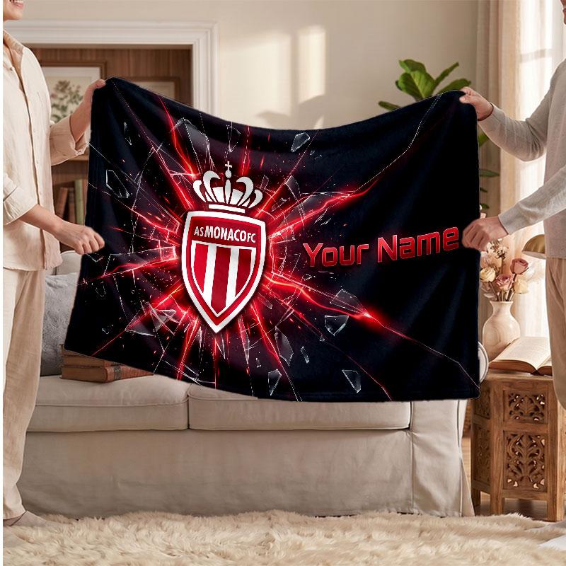 Monaco FC Personalized Fleece Blanket With Football Logo, Custom Name Text Soft Warm Home Throw Blanket