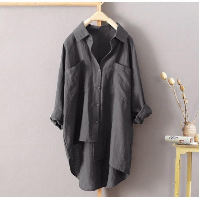 Women Oversized Long Linen Shirt Lapel Pocket Button Down Loose Casual Long Tunic Blouse
