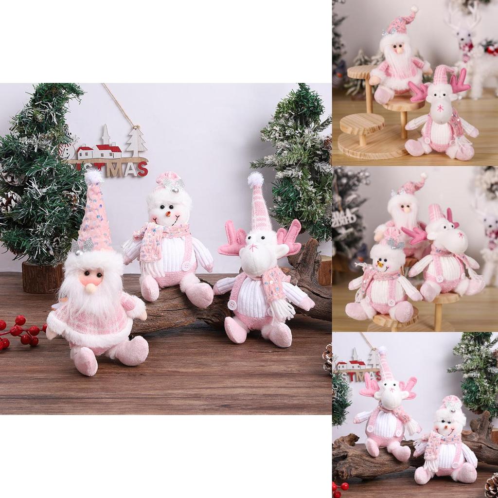Adorable Pink Snowman And Reindeer Plush Figurines For Christmas Holiday Decor