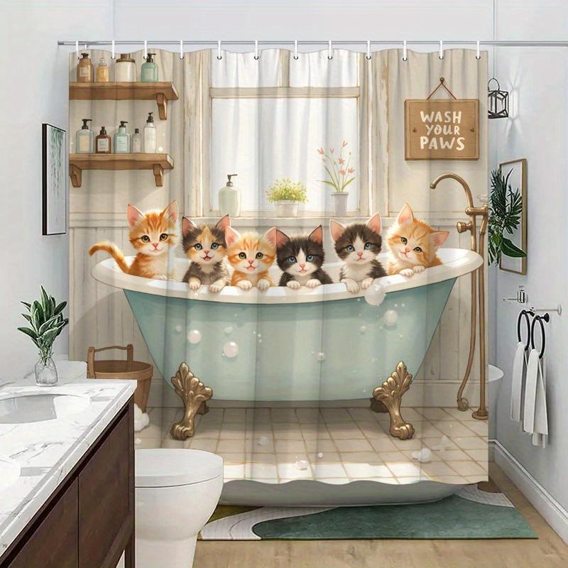 

Cute Kitten Bathtub Scene Shower Curtain Machine Washable All Season Waterproof Privacy Protection Cartoon Design Kids 12 Hooks W60H190(CM)-1 Pcs