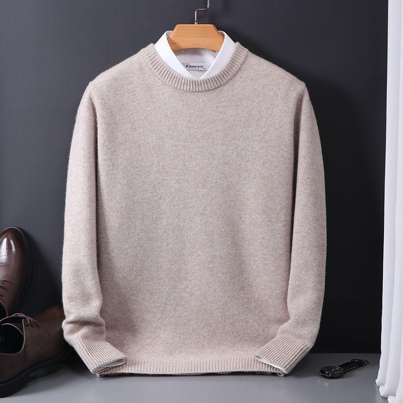 Men's Plus Size Crew Neck Wool Sweater, Casual Korean Style, Autumn/Winter Knitted Base Layer