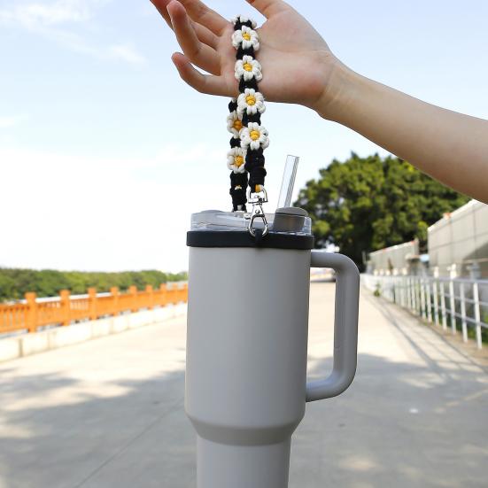 Water Bottle Handle Strap Handmade Flower 16-40oz Tumbler Silicone Safety Ring Cotton Rope Flower Sling Holder Carrier Lanyard Cup Accessories