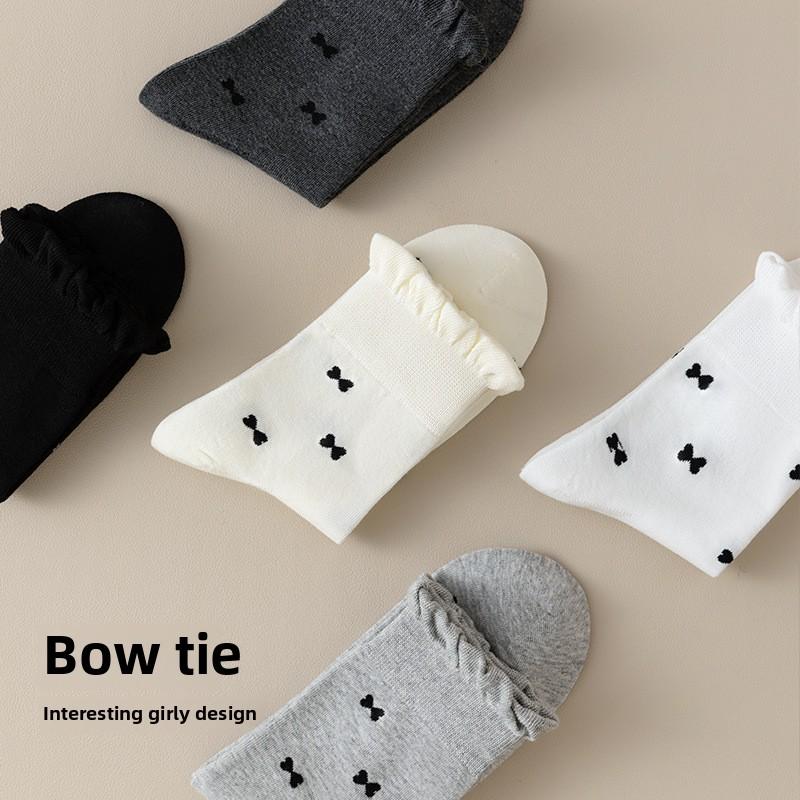 5 Pairs Lace Stacked Socks Mid-calf Socks Spring and Summer Thin Cotton Socks Breathable Versatile Wooden Ear Edge Small Bow Socks Female