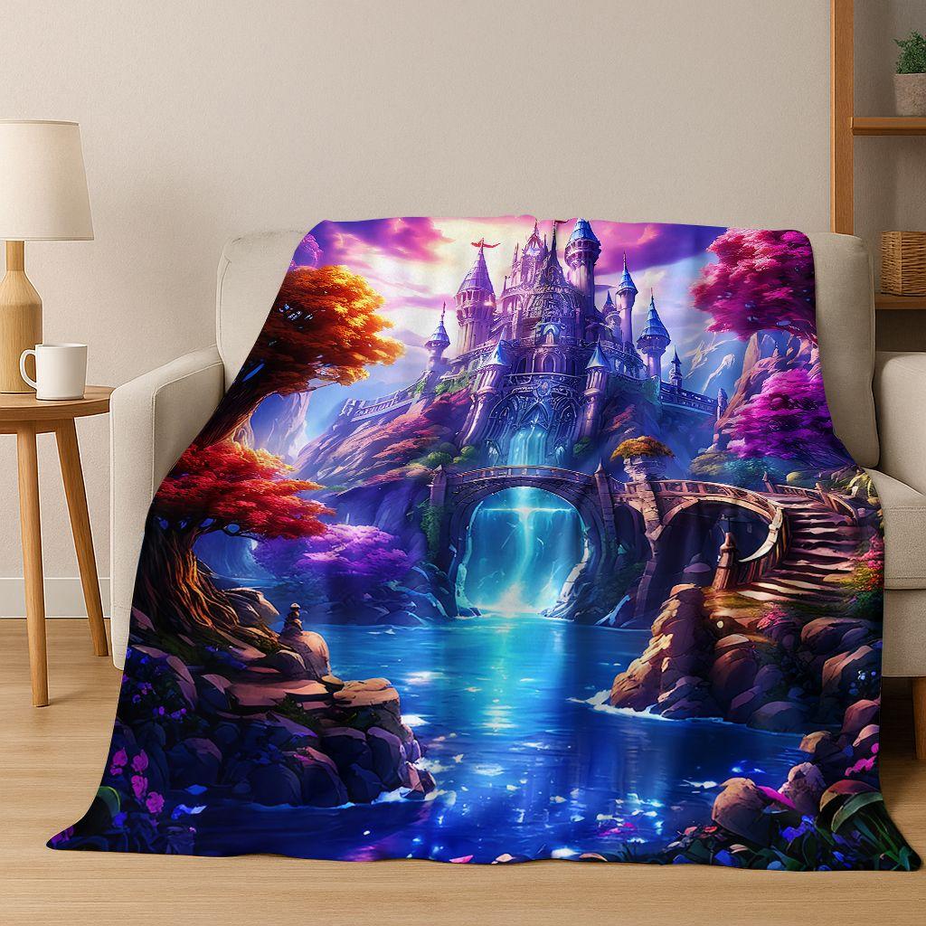 Enchanted Fairytale Princess Castle Gothic Castle Cartoon Flannel Blanket,Cozy Soft Throw Blanket for Home Bedroom Bed Sofa Kids