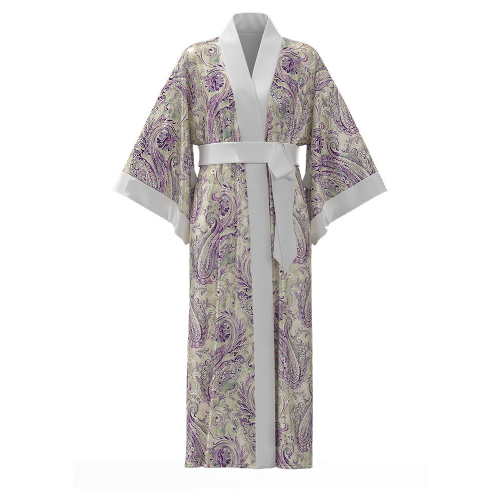 Print Satin Women Long Robe Retro Sleepwear Seven Quarter Sleeve Kimono Bathrobe Loose Home Wear