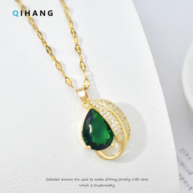 

Emerald Water Drop Necklace Ethnic Style Light Luxury Retro Micro-Inlaid Zircon Pendant Women S Collarbone Chain Jewelry