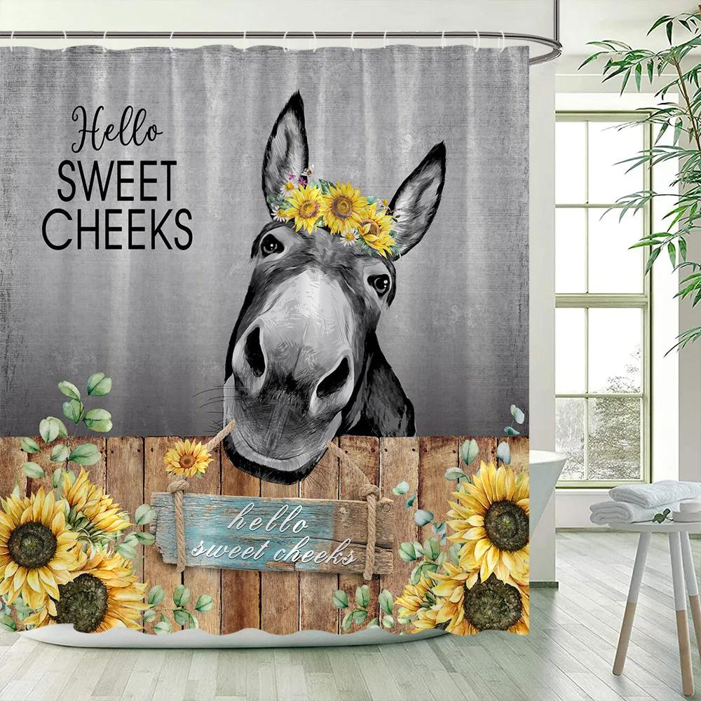 Cortinas de Chuveiro Engraçadas de Burro Celeiro Vintage Porta de Madeira Fazenda de Girassol Conjunto de Cortinas de Banho de Animal de Fazenda Poliéster Decoração de Banheiro com Ganchos