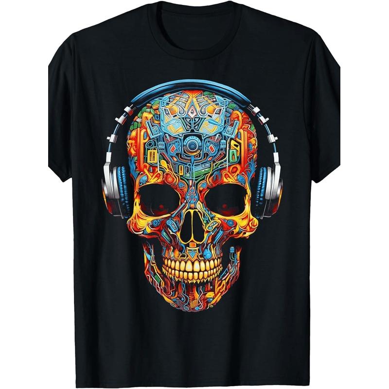 Skull Art Geometric Fantasy Graphic Skull T-Shirt - Unisex for Adults, Black, Size S