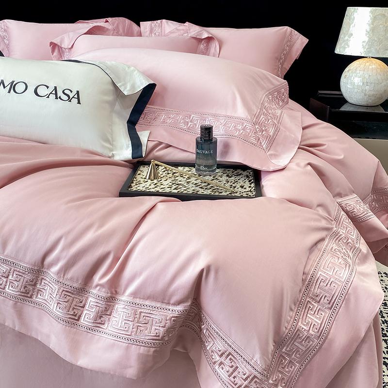 

100% Egyptian Cotton White Luxury Embroidery Hotel Style Bedding Set Duvet Cover Set Flat/Fitted Bed Sheet Pillowcases 4Pcs Flat Bed Sheet&Queen 200X230cm 4pcs розовый