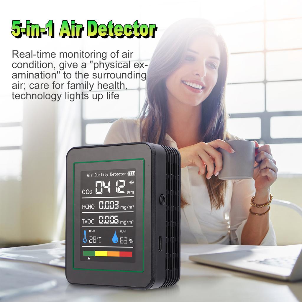 5 In 1 HCHO Meter, Portable Temperature and Humidity Meter with Color Screen for Home, Office, Vehicle, Detect CO2 TVOC