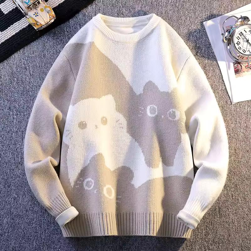 Cartoon Katze Strickpullover Herren Herbst/Winter Warmer Strickpullover Herren Pullover Hauskleidung