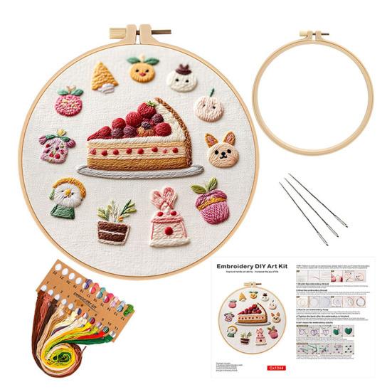 1 Set Cake Embroidery Threads Needles Pre-Stamped Kit with Hoop Dessert Cross Stitch