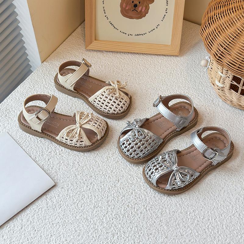 Kids Princess Shoes Weave Simple Bows Girls Sandals Ins Trendy Casual 2025 Summer New Children Beach Shoes Hollowed-out Ins