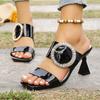 Fashion Metal Glitter Buckle Decoration Patent Leather Slippers Sexy Square Toe High Heels Sandals Women 2025 Summer Fashion Party Shoes