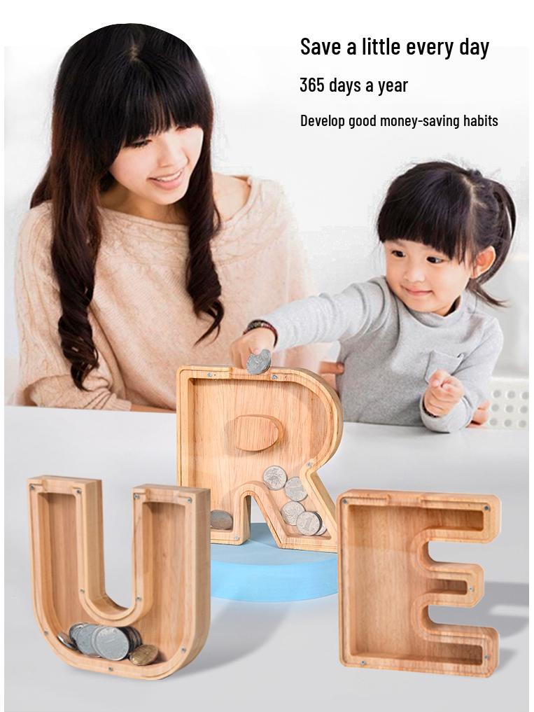 Sparbox aus Holz mit Alphabet für Kinder – Transparente Spardose Geschenk