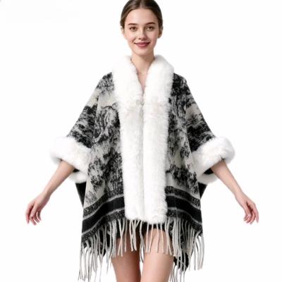 Women's Poncho Cape Faux Fur Trim Shawl Wrap with Tassel Faux Fur Collar Cardigan Cloak for Party Cloak Coat Fur Collar Poncho Cape Wraps for Women