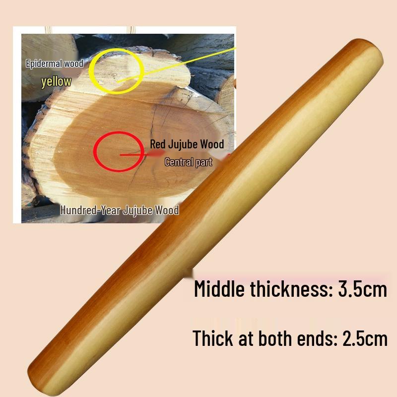 Solid Jujube Wood Rolling Pin: Double-Pointed, Red Heart, Small Size for Dumpling Wrappers and Baking. Jujube Wood Outer: 30cm x 3.5cm, 50% Heartwood