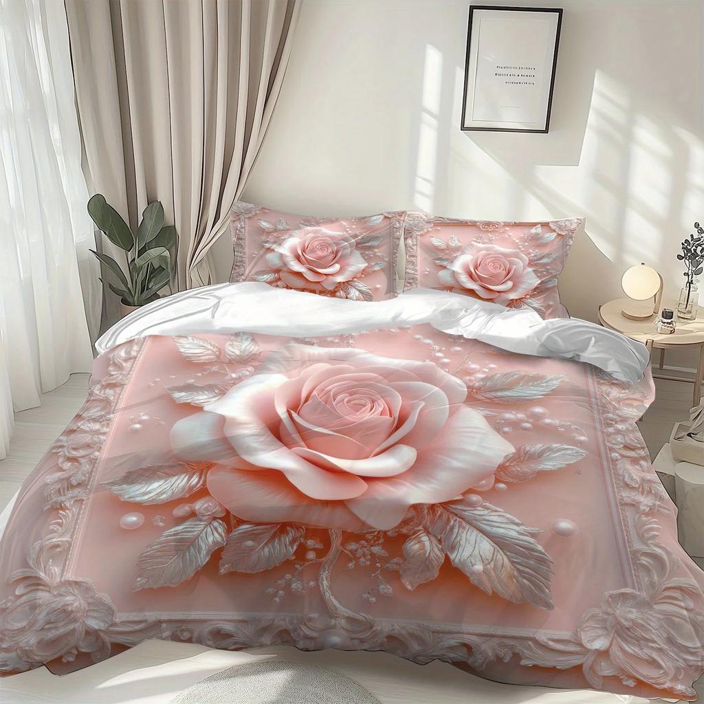 Comforter 2/3Pcs Pink Rose Bedding Set Soft Comfortable Floral Machine Washable Queen King Size