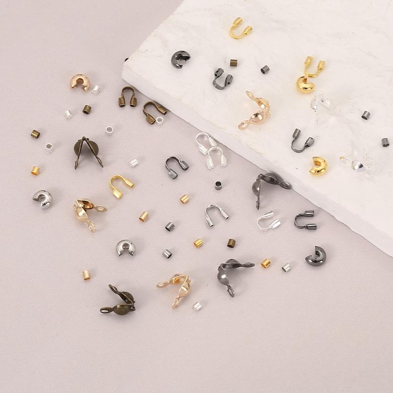 600pcs/Box 6 Styles Brass Tube Crimp Beads Tips Knot Covers Wire Guardians Protectors End Bead for DIY Jewelry Making Supplies