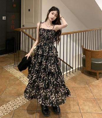 Y2k Korean Style One Piece Floral Dress Women Vintage Elegant Layered High Waist Black Long Slip Fairy Dresses Summer