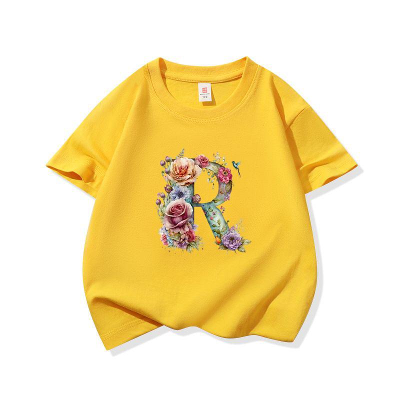 Kids Cotton T Shirt Floral Letter R Print Crew Neck Short Sleeve Tee Casual Boys Girls Summer Tops