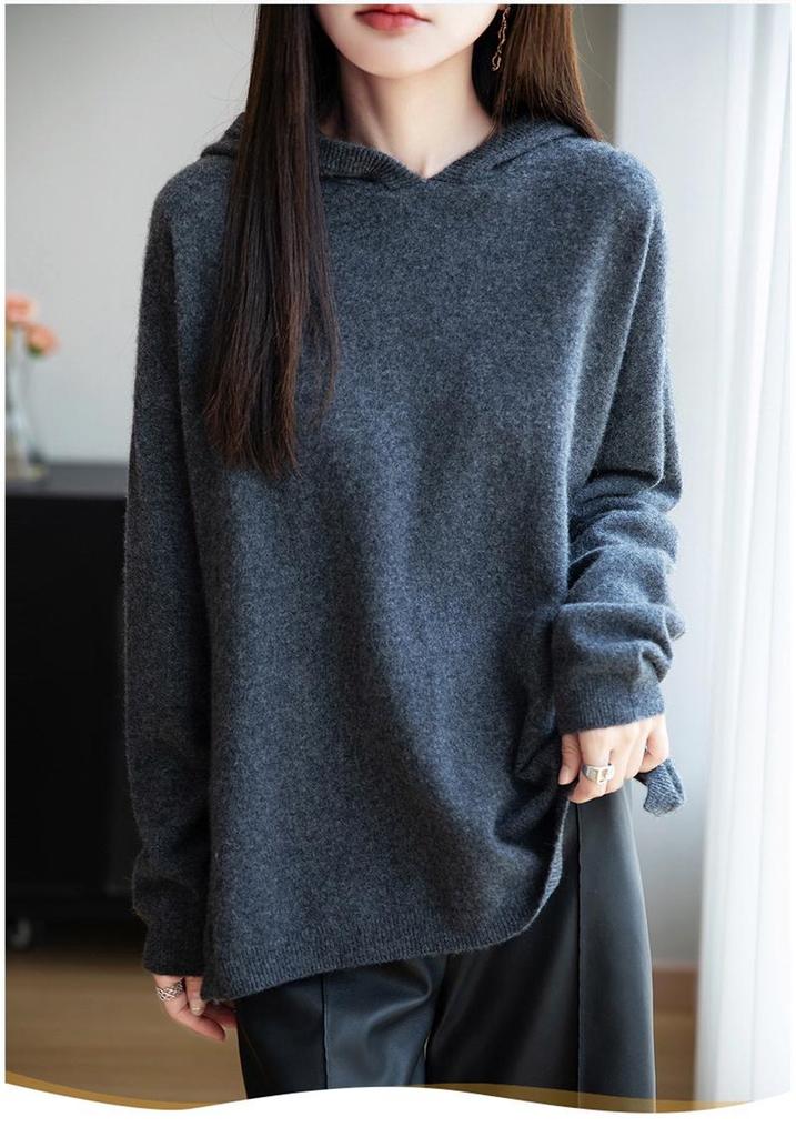 Women's Loose Fit Hooded Pure Wool Sweater – Casual Autumn/Winter Style