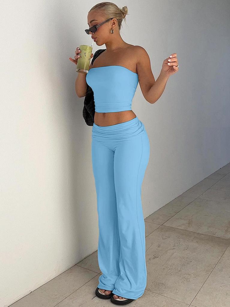 Women's Spring 2025 Solid Strapless Top and Flared Pants Slimming Fashion Set