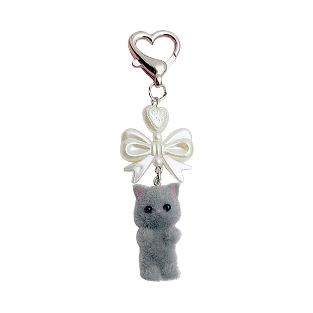 Heart Shape Keyring Flocked Cat Pendant Keychain with Bowknot Decor Heart Shape Fashionable Hanging Ornament for Wallet Backpack