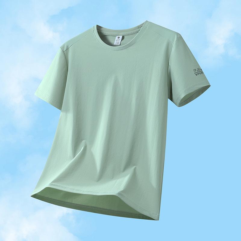 Men's Quick-Dry Ice Silk Short Sleeve T-Shirt - Solid Color, Casual, Elastic, Plus Size, Sports Fitness Top