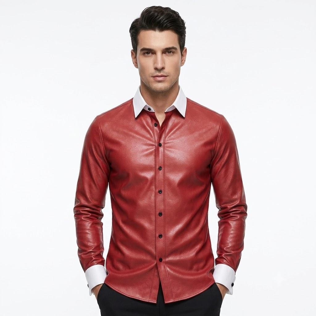Motorcycle Slim Fit Men s Stylish Handmade Biker Red Shirt Real Lambskin Leather S