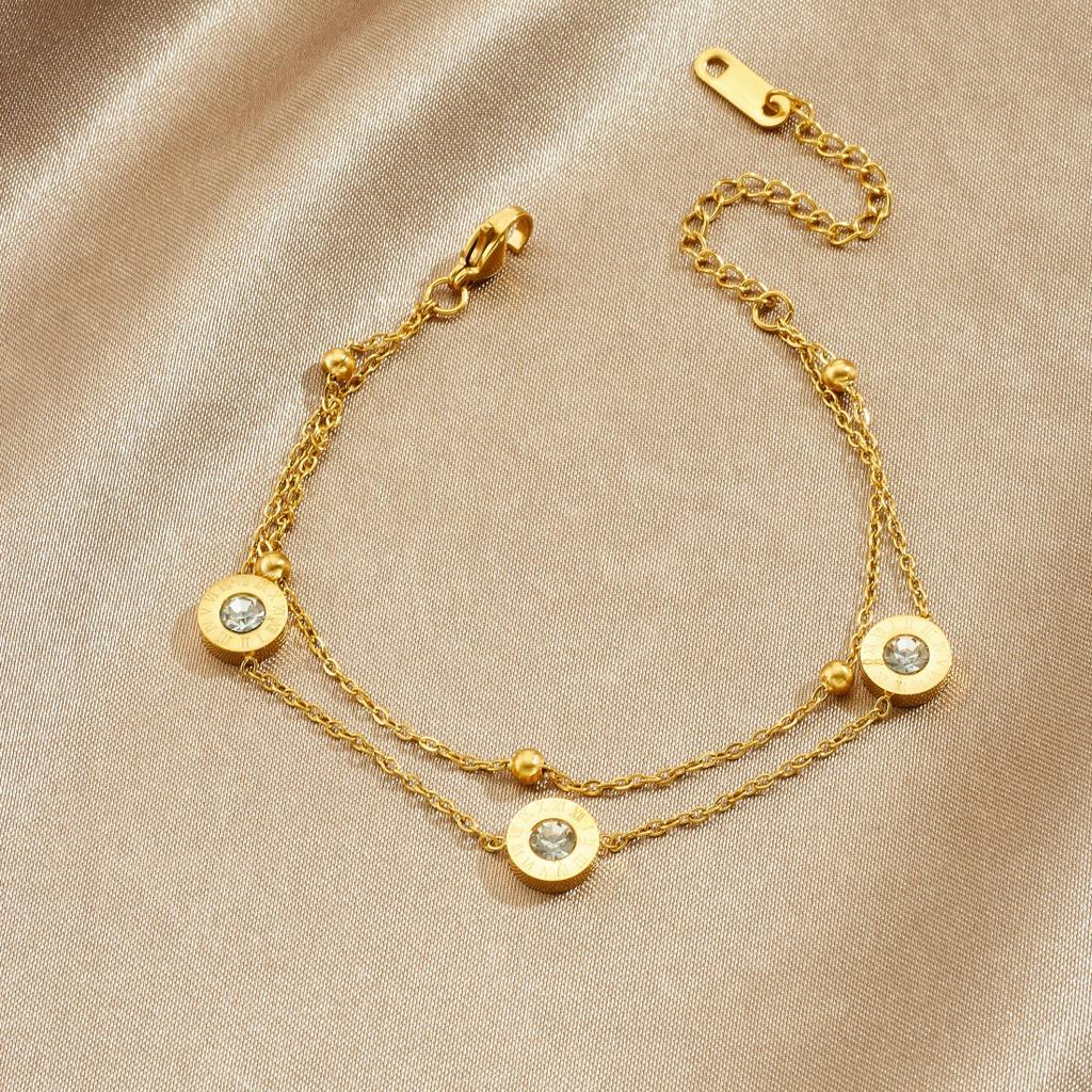 Gold Plated Layered Cubic Zirconia Bracelet Dainty Round Charm Chain Jewelry