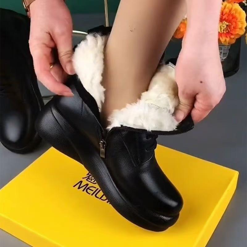 Retro Brown Women's Leather Boots Warm Flat Comfortable Fashionable Non-slip Snow Boots Slim Side Zipper Lace Up Women Shoes