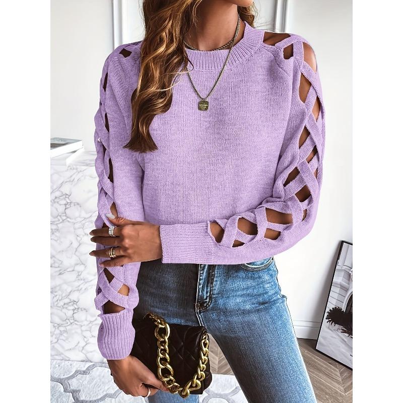 

YYFS Women s Fashion Casual Spring Fall Solid Color Print Long Sleeve O-Neck Sweaters S фиолетовый
