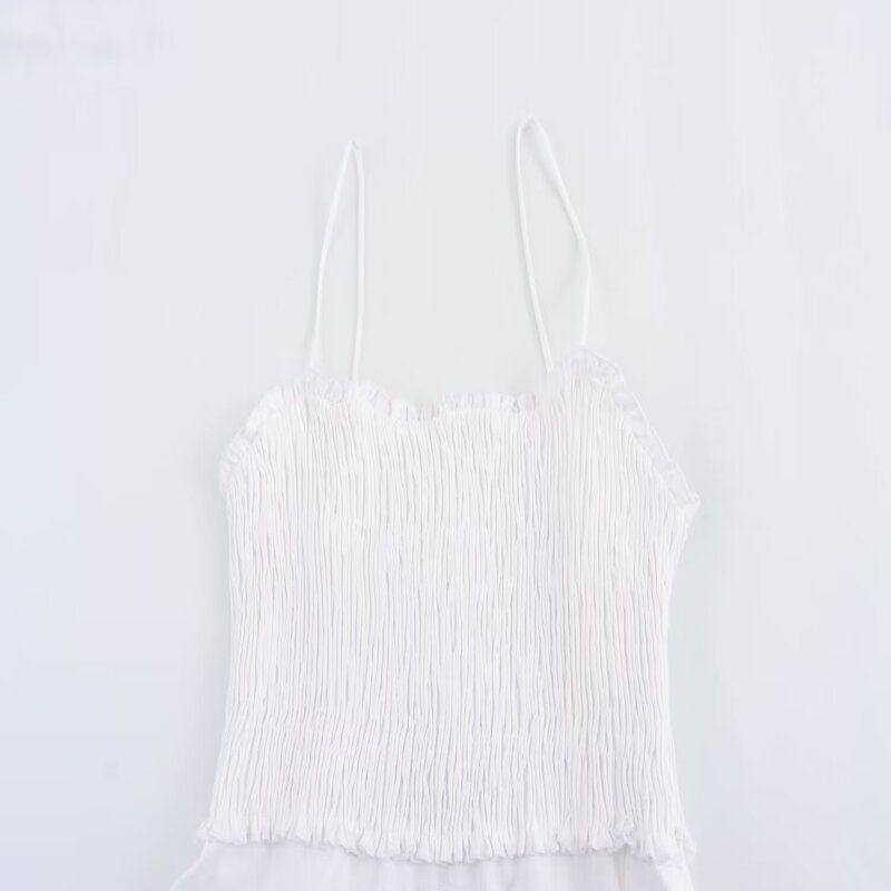2024 Summer New Honeycomb Plaid Stretch Chest Linen Blended Split White Suspender Dress 3194729